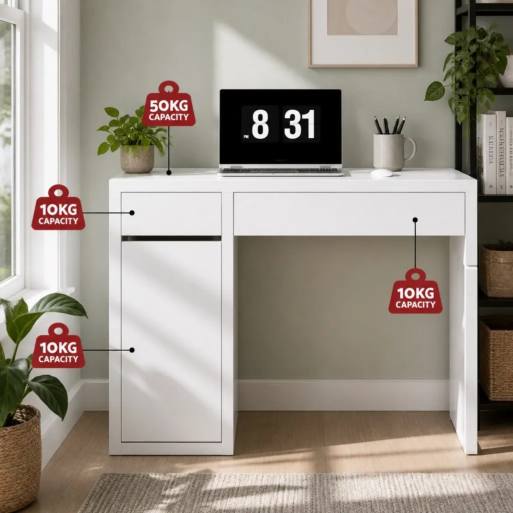 Computer Desk with 2 Drawers and 3-Tier Cabinet Storage White