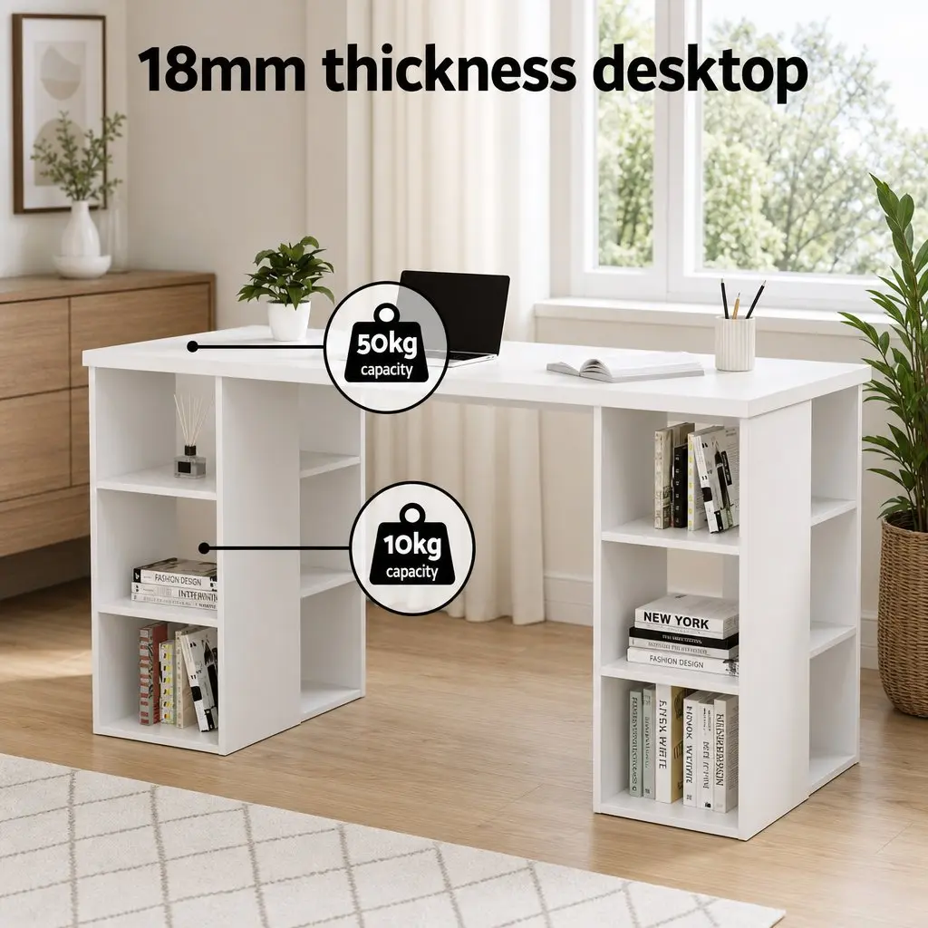 Office Desk and Chair Set Ergonomic 150cm White with 6 Storage Shelves