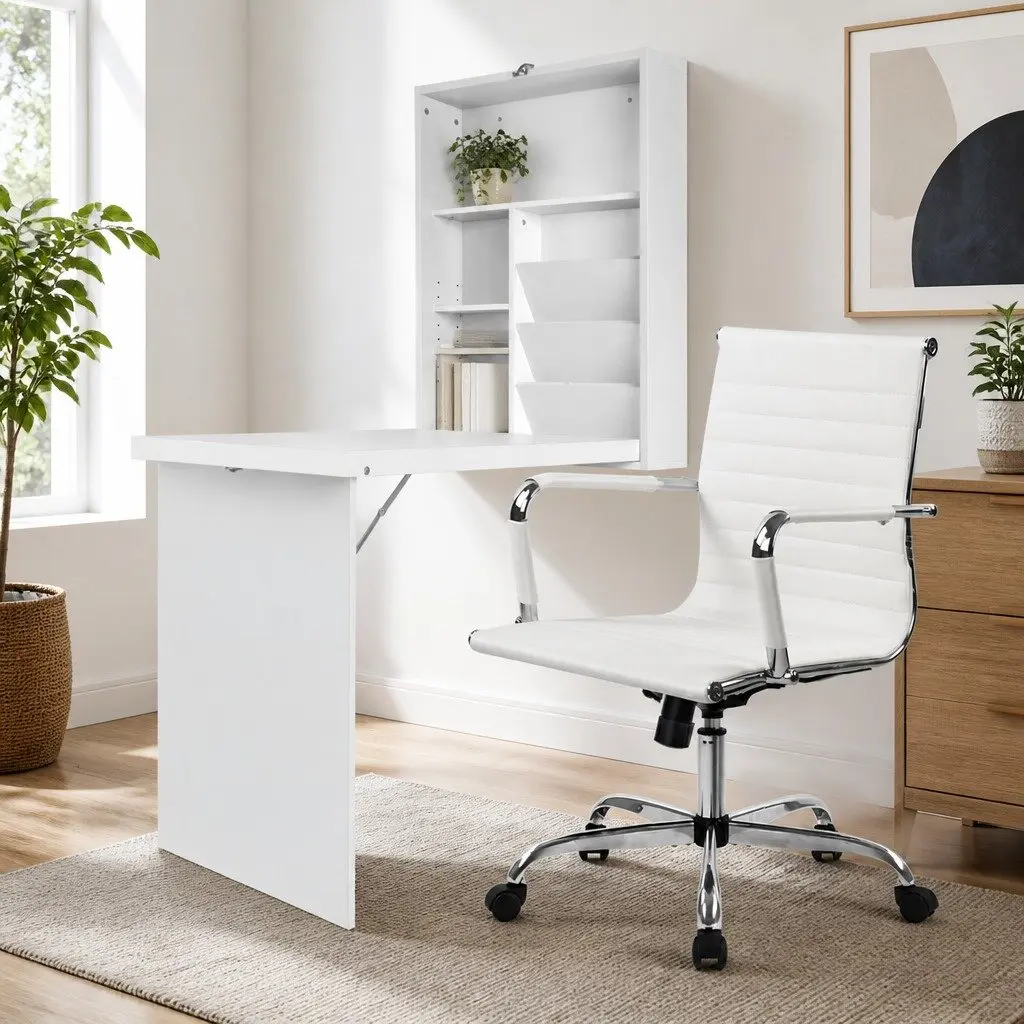 Foldable Computer Desk with Wall Mount Storage and Office Chair Set White