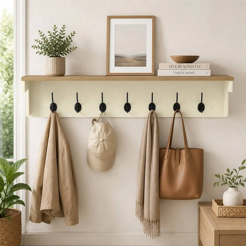 Wall Mounted Coat Rack with Shelf and 7 Double Hooks Storage Entryway Hallway