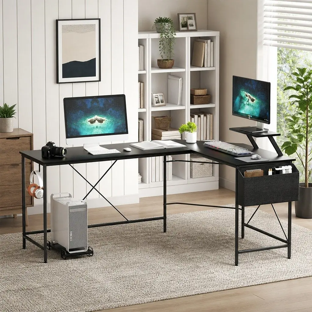 L-Shaped Corner Computer Desk with Monitor Stand and CPU Stand Black