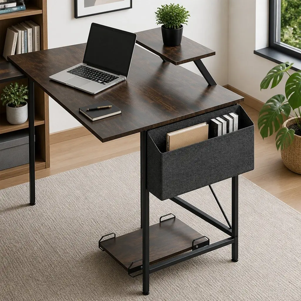 L-Shaped Corner Computer Desk with Monitor Stand CPU Storage Brown
