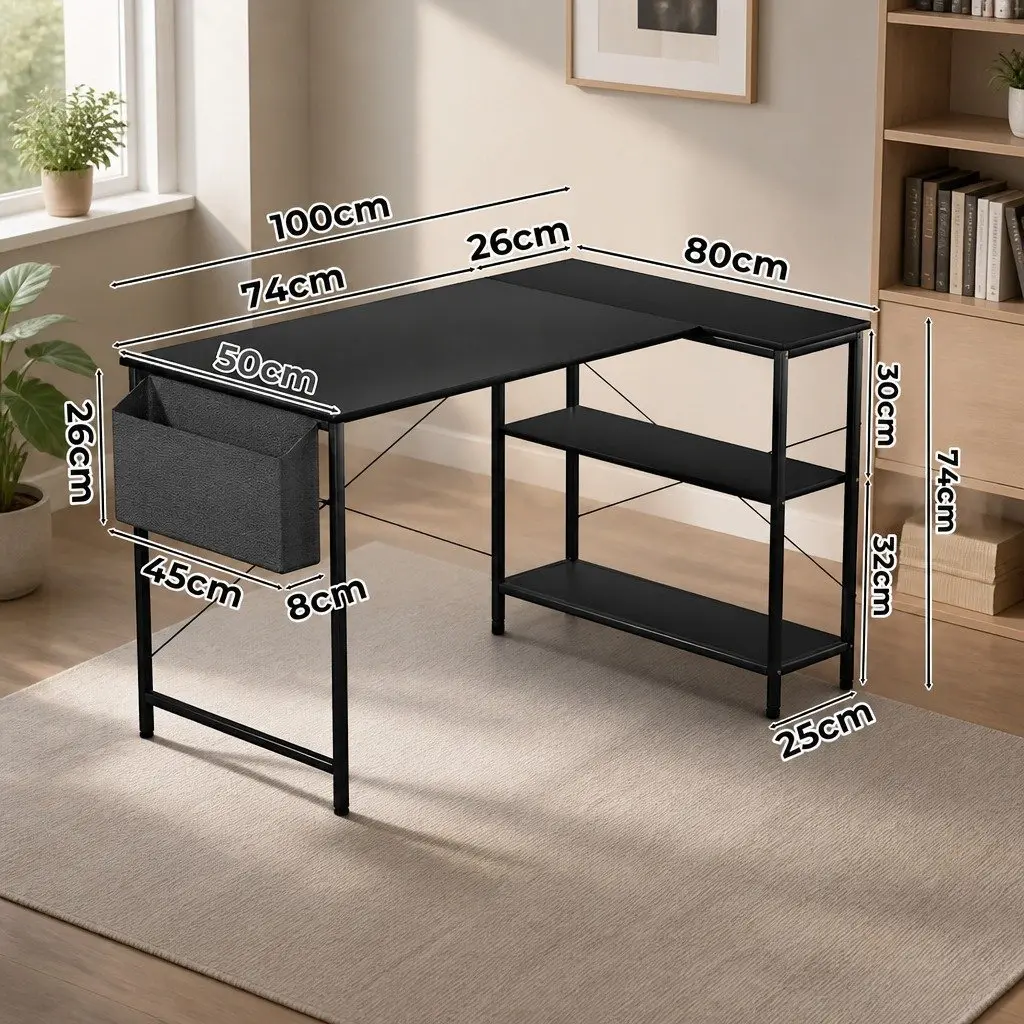 L Shaped Corner Desk Adjustable Legs Three Layer Storage Rack Black