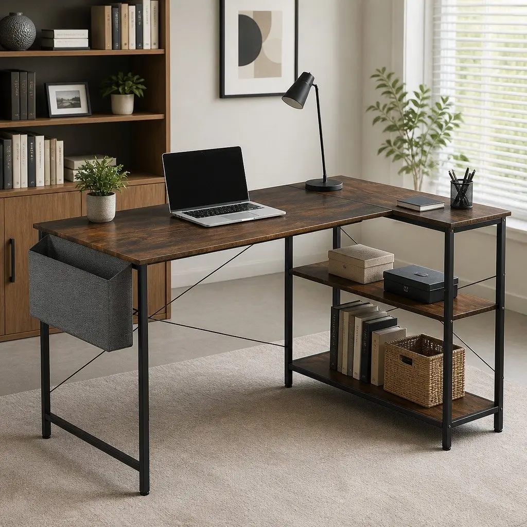 L Shaped Corner Desk Reversible Configuration Adjustable Height Brown