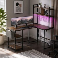 L Shaped Gaming Desk RGB LED Lights Industrial Style Computer Workstation Brown
