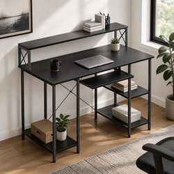 Office Gaming Computer Desk Black Industrial Style Monitor Stand Keyboard