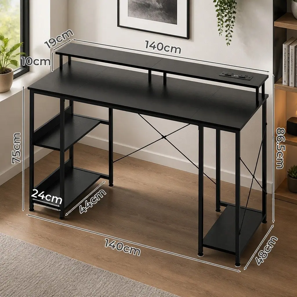 Gaming Desk Computer Table Raised Monitor Stand 140cm Black with RGB LED Lighting