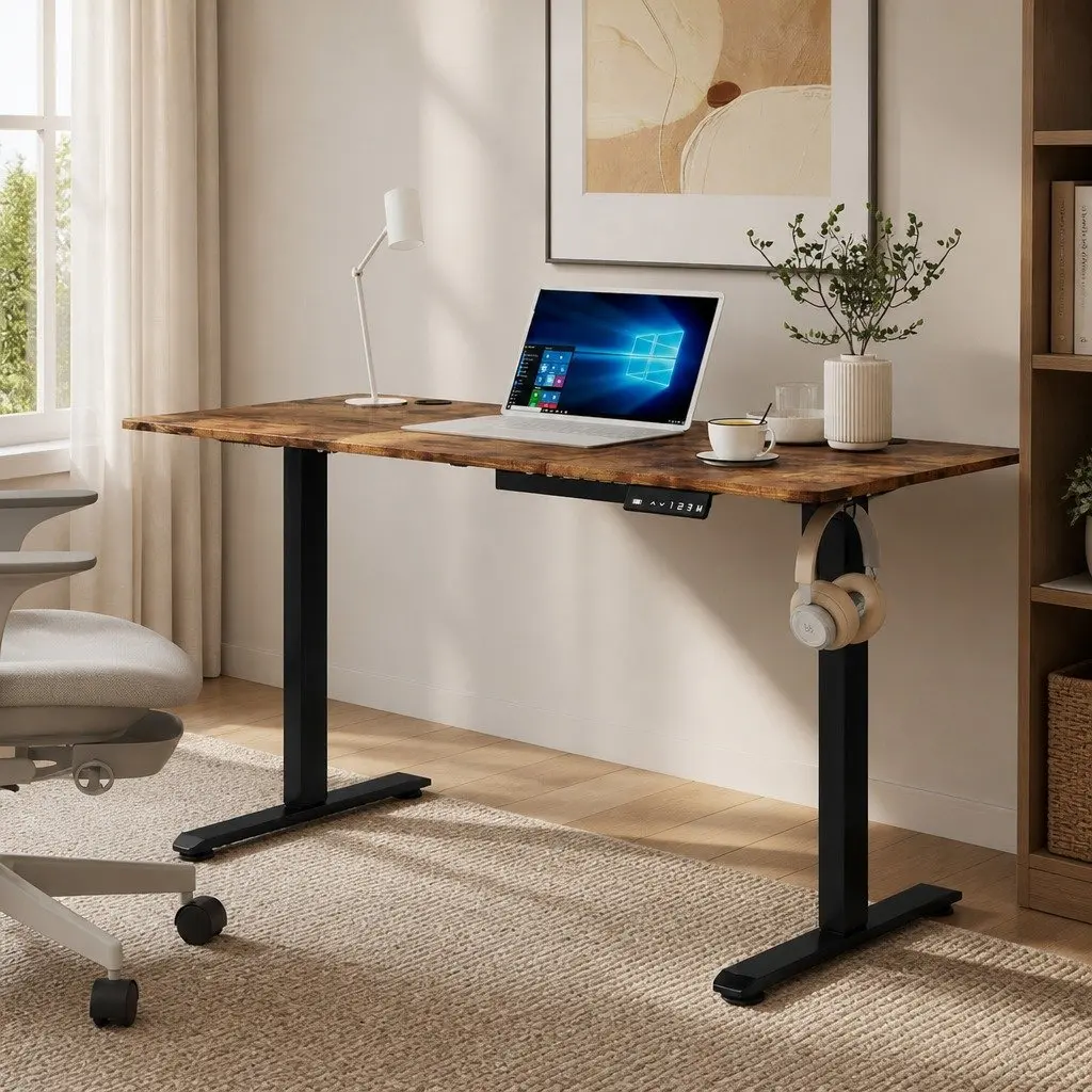 Electric Standing Desk Height Adjustable 140cm Vintage Oak Sit Stand Computer Desk
