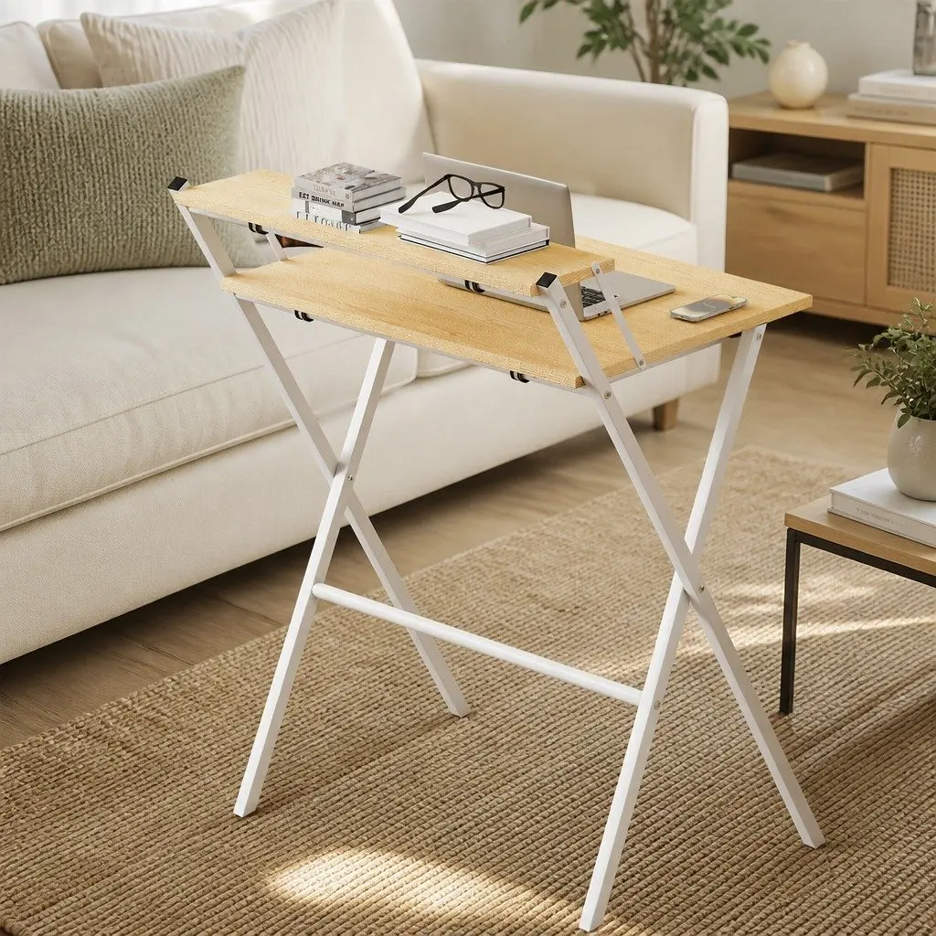 Foldable Computer Desk with Monitor Shelf Portable Oak White 67.5x45x84cm