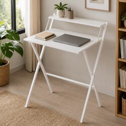 Foldable Computer Desk Home Office Study Table Monitor Shelf Space Saving White