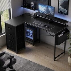 L Shaped Gaming Desk with Storage Drawers RGB Lighting Power Station Monitor