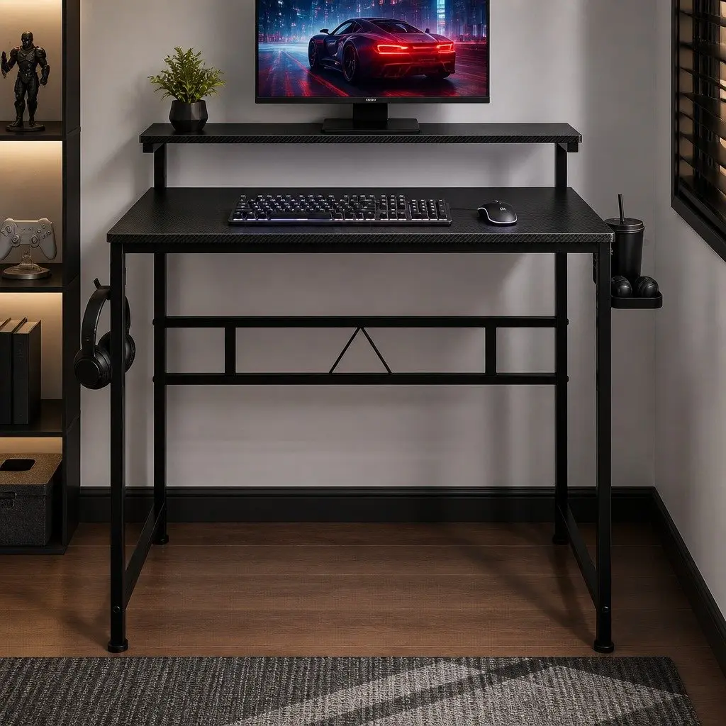 Gaming Computer Desk Adjustable Height 5-Level Structure with Monitor Stand Storage Shelf and Headphone Hook