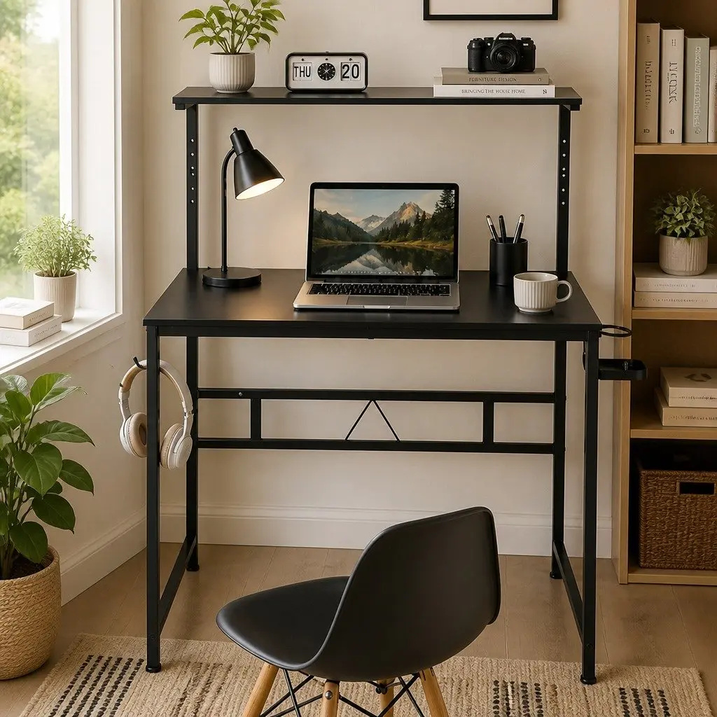 Gaming Computer Desk Adjustable Height 5-Level Structure with Monitor Stand Storage Shelf and Headphone Hook