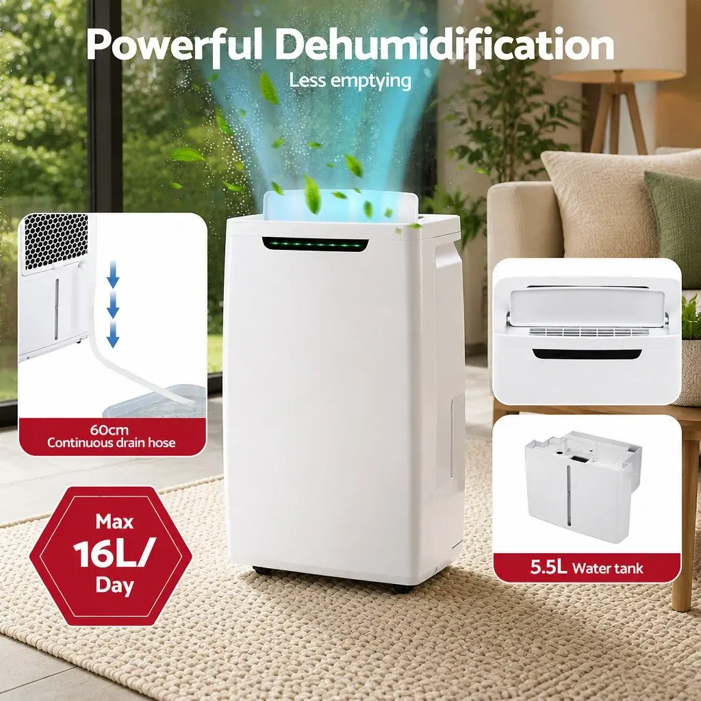 Dehumidifier 16L/Day Portable Air Dryer Moisture Absorber 5.5L Tank White