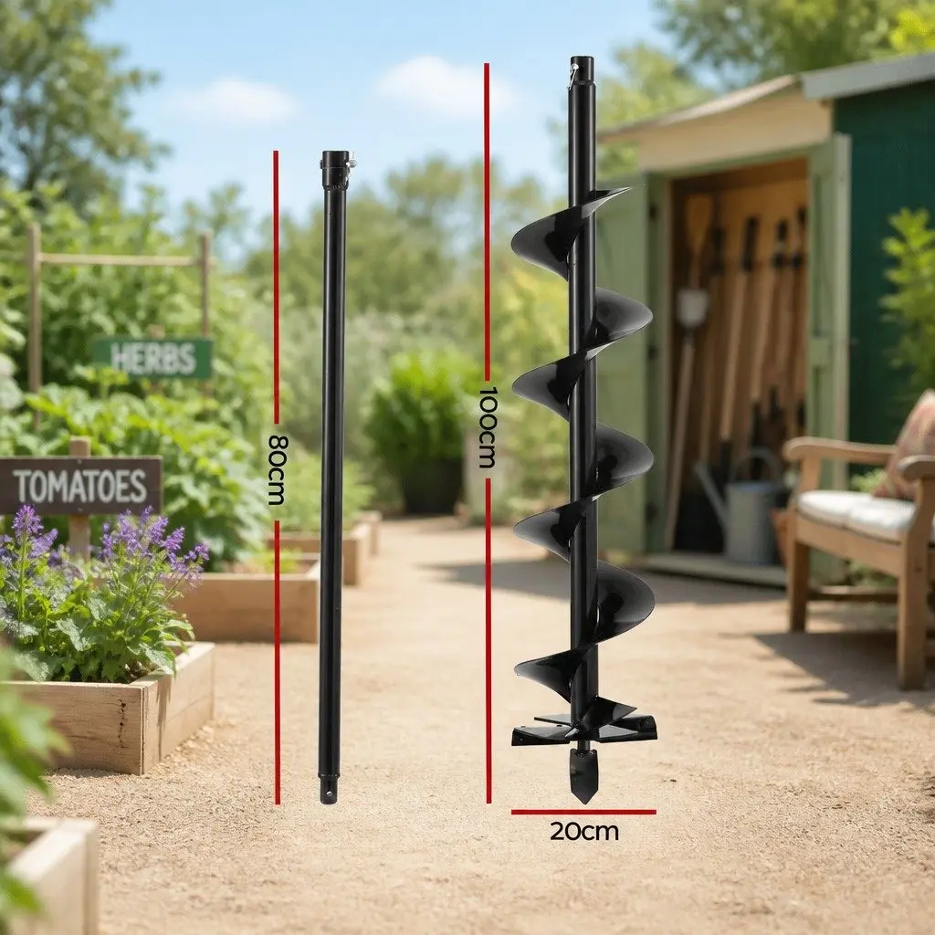 Post Hole Digger Auger Drill Bit 200mm Diameter with 80cm Extension Shaft Black Garden Tool