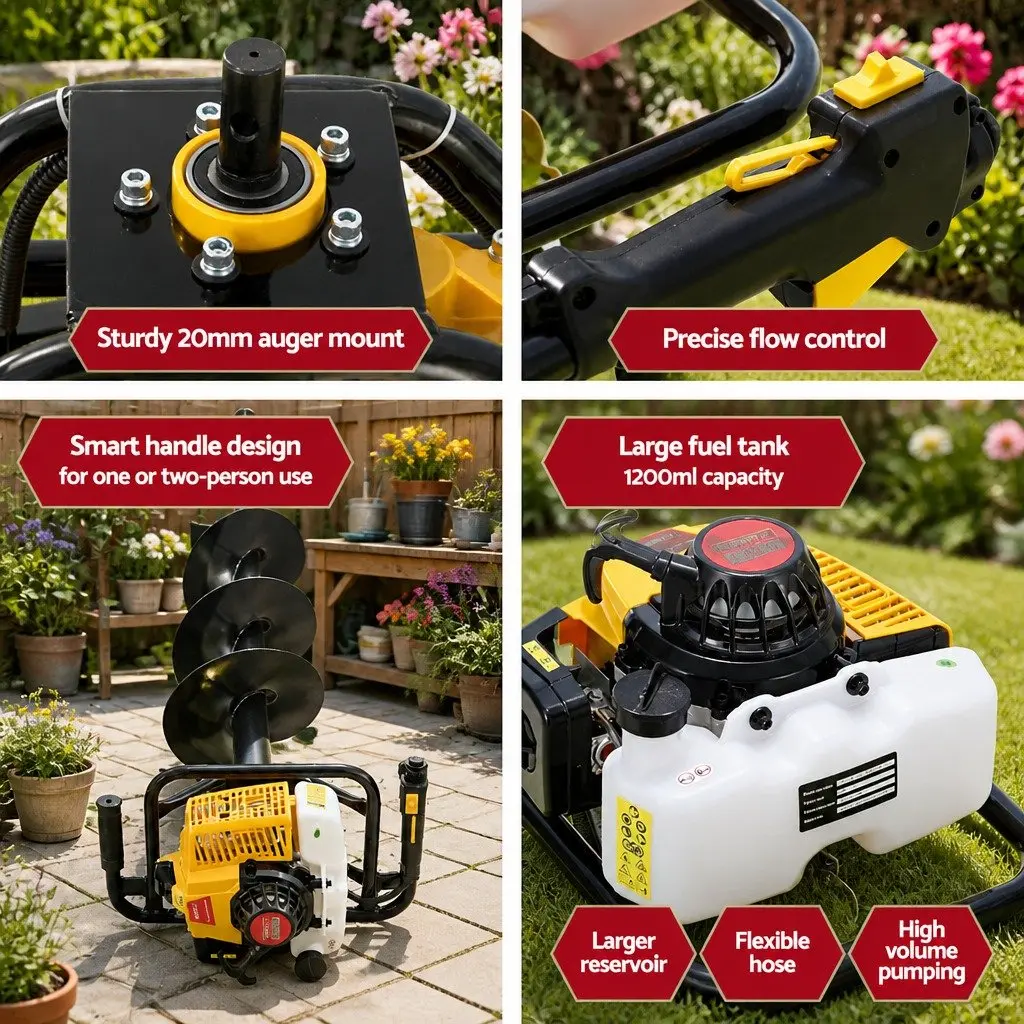 Post Hole Digger Petrol Motor 63cc Engine Heavy Duty Yellow