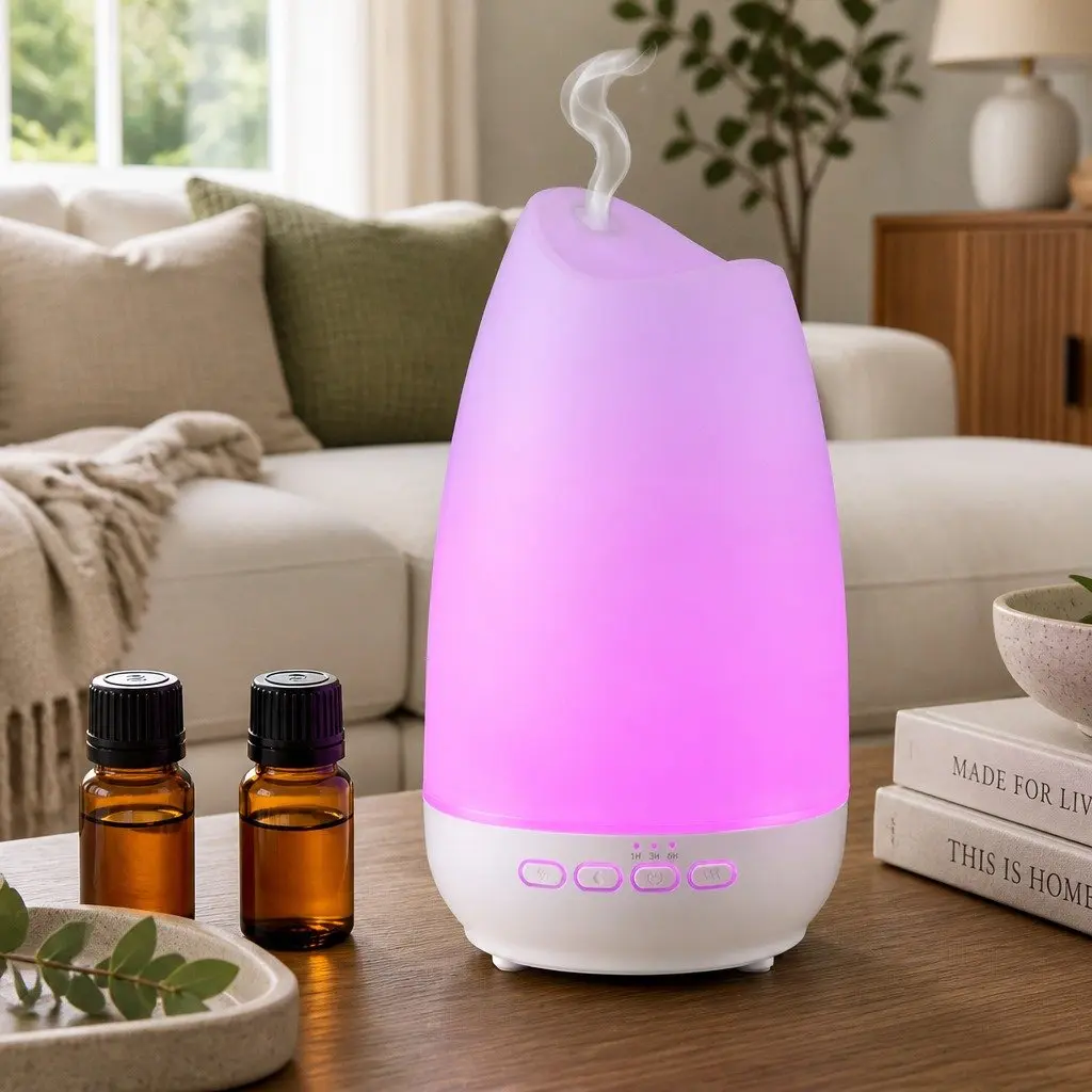 Aroma Diffuser Ultrasonic 300ml Cool Mist Light Wood Grain and White with 14 LED Night Light Modes and Adjustable Brightness