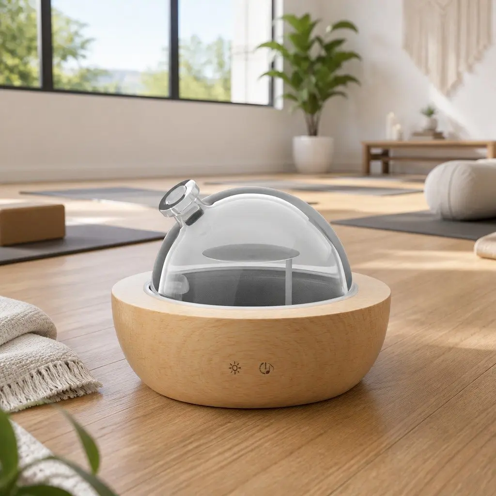 Aroma Diffuser Ultrasonic Glass Dome 200ml Wood Base Aromatherapy Humidifier Night Light