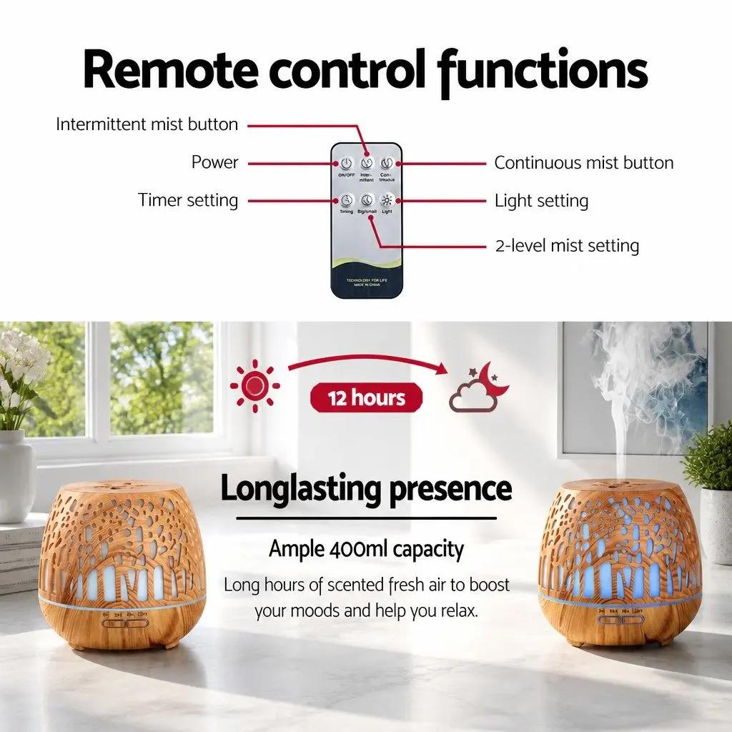 Aroma Diffuser Ultrasonic 400ml Wood Grain Light Night Humidifier