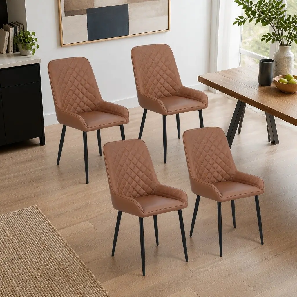 Dining Chairs Set of 4 Retro Brown PU Leather Kitchen Lounge Accent Seats Metal