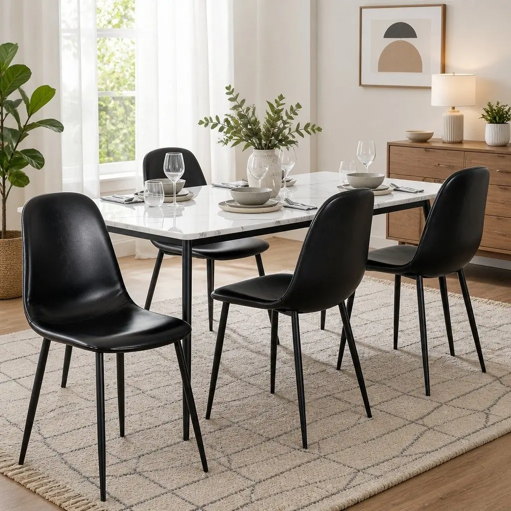 Dining Chairs Retro Ergonomic Curved Support Padded Seat Black Set of 4