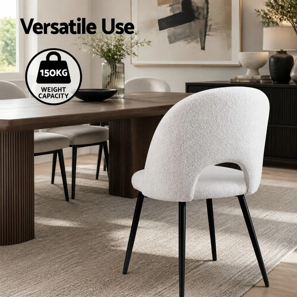 Dining Chair Set of 2 Sherpa Upholstery Curved Backrest White
