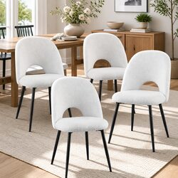 Dining Chair Set of 4 White Boucle Sherpa Fabric Kitchen Seats Curved Backrest