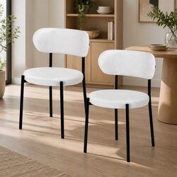 Dining Chairs Set of 2 Sherpa Boucle White Curvy Backrest Round Design Soft