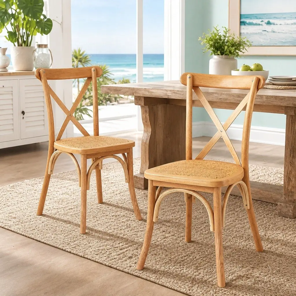 Dining Chairs Rattan Wooden Kitchen Cafe Accent Seating Rubber Wood Frame