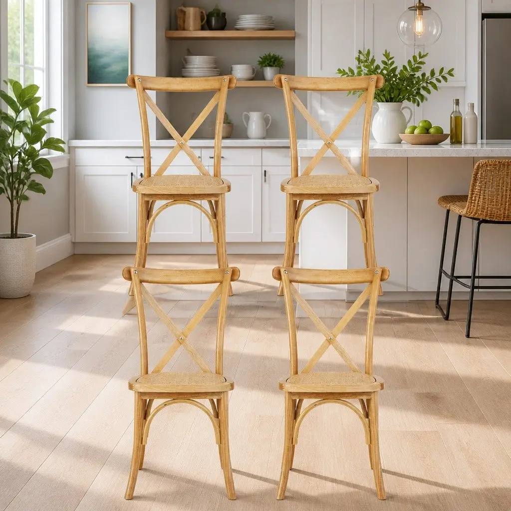 Dining Chairs Set of 4 Rattan Seat Wooden Frame Kitchen Cafe Lounge Accent