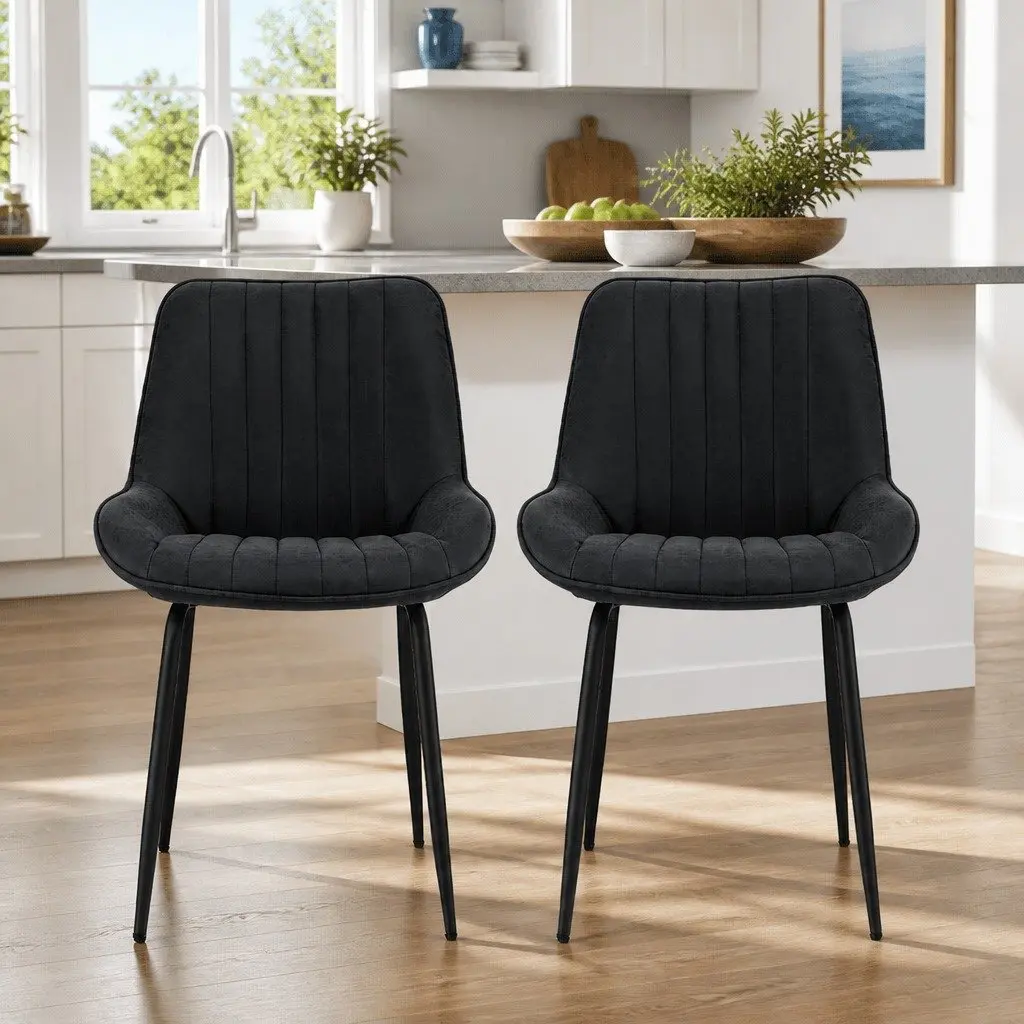 Dining Chairs Retro Kitchen Lounge Accent Seats Channel-Tufted PU Leather Black Metal Legs Set of 2