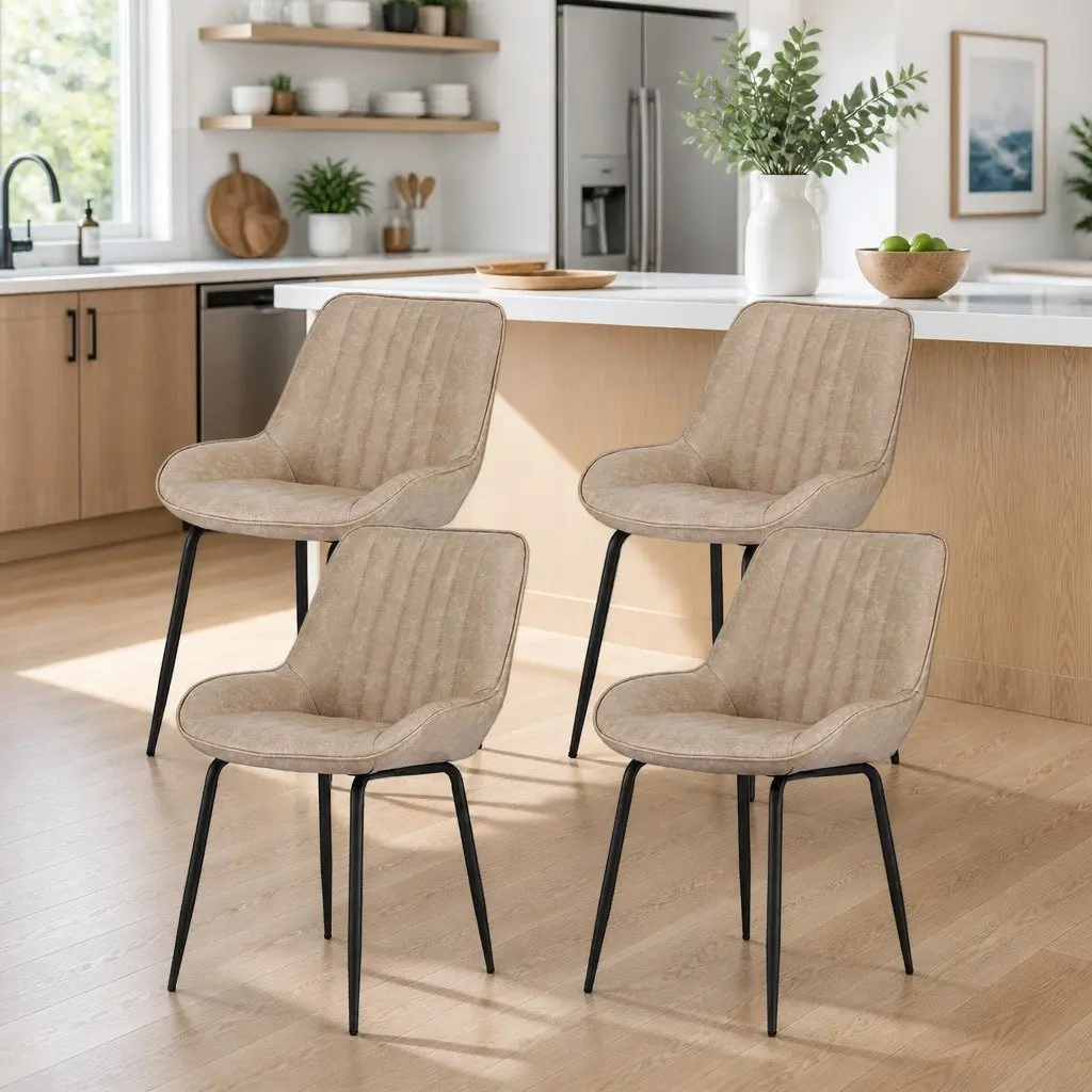 Dining Chairs Retro Channel-Tufted Seat Ergonomic Curved Backrest Metal Legs Brown Set of 4