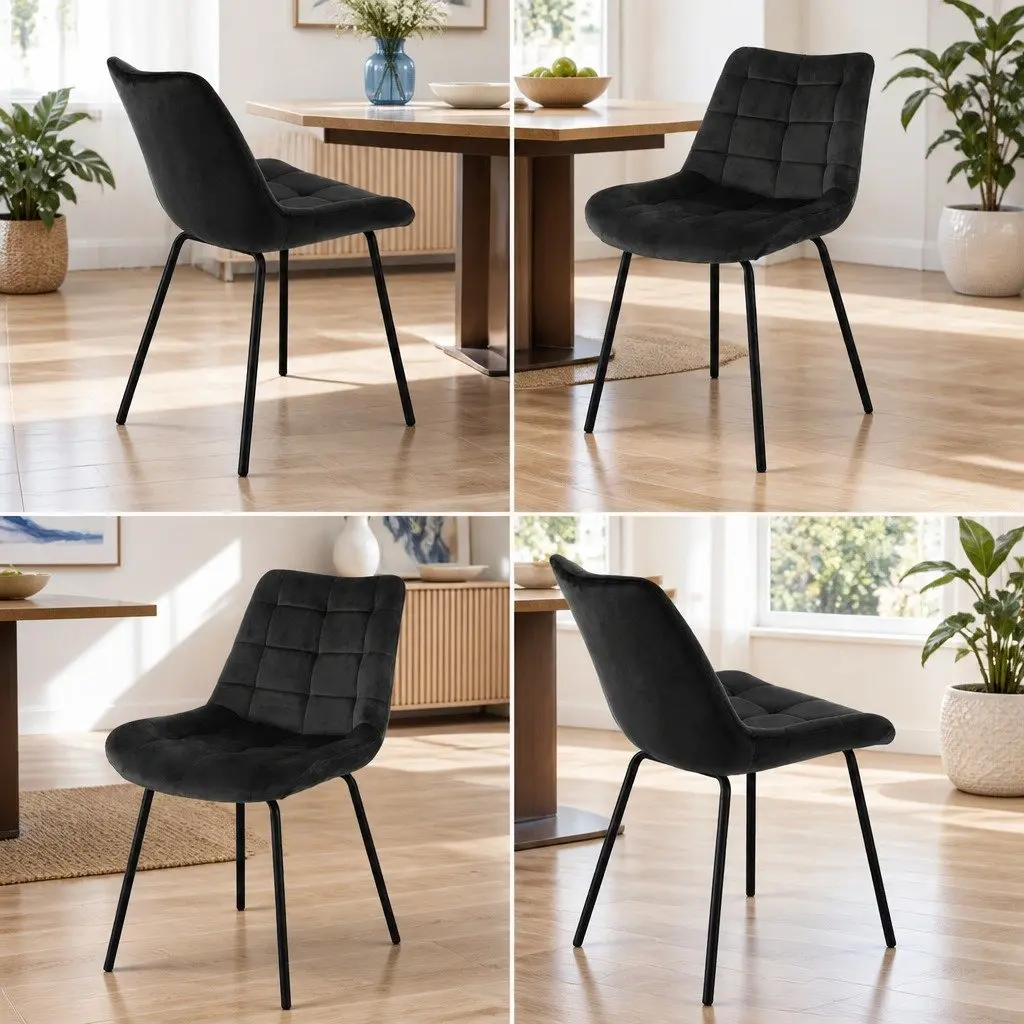 Dining Chairs Set of 4 Velvet Tufted Black Kitchen Lounge Cafe Accent Seats