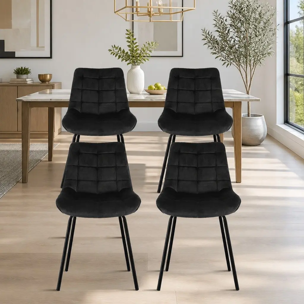 Dining Chairs Velvet Tufted Ergonomic Curved Backrest Padded Seat Metal Legs Set of 4 Black