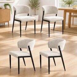 Dining Chair Set of 4 Linen Fabric Upholstered Seats with Metal Frame Beige