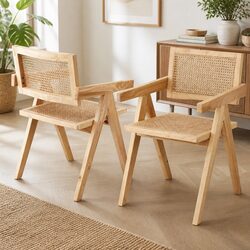 Dining Chair Wooden Rattan Seat Rubber Wood Frame Natural Pine Kitchen Furniture