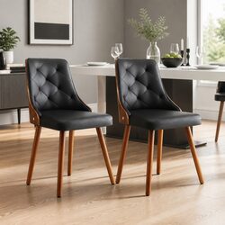 Dining Chairs Black PU Leather Diamond Tufted Kitchen Seating Set of 2