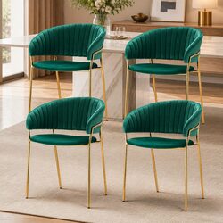 Dining Chairs Set of 4 Green Velvet Armchair Metal Frame Kitchen Room Furniture