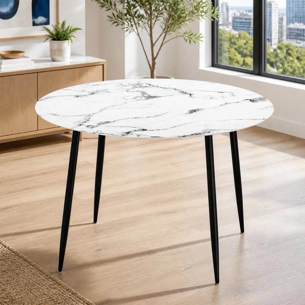 Round Dining Table Marble Effect 110CM White Particle Board Metal Legs