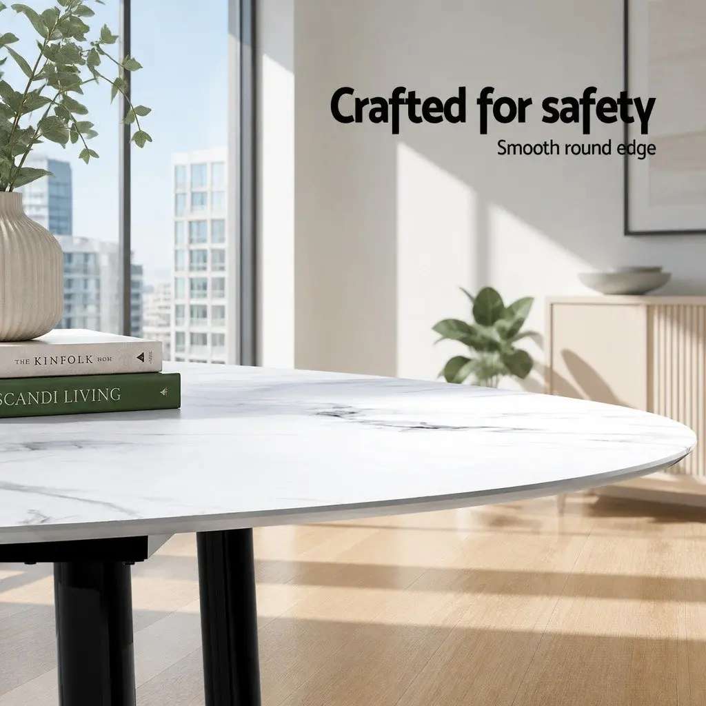 Round Dining Table Marble Effect 110CM White Particle Board Metal Legs
