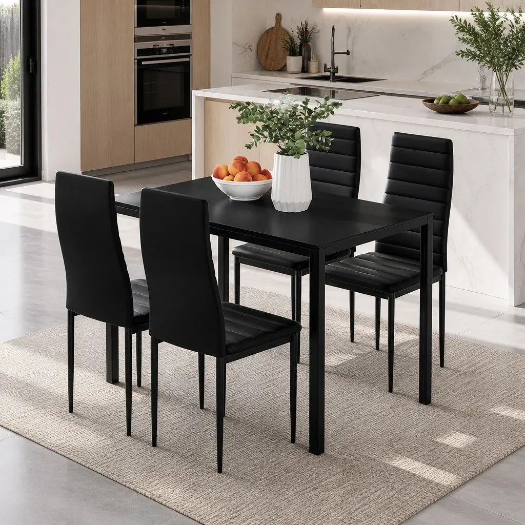 Dining Table and 4 Chairs Set Black Rectangular Kitchen Dining Room Furniture