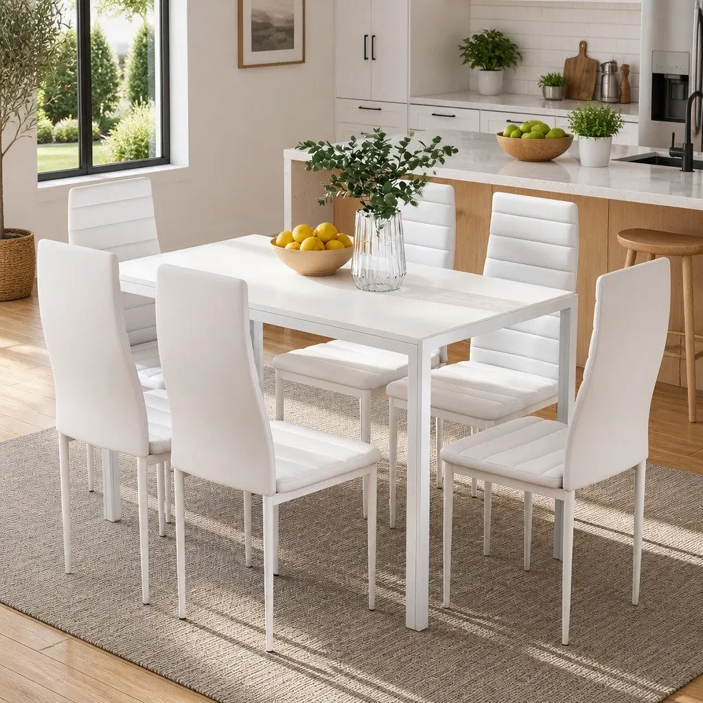 Dining Table and 6 Chairs Set Of 7 White Rectangular Kitchen Dining Room Set