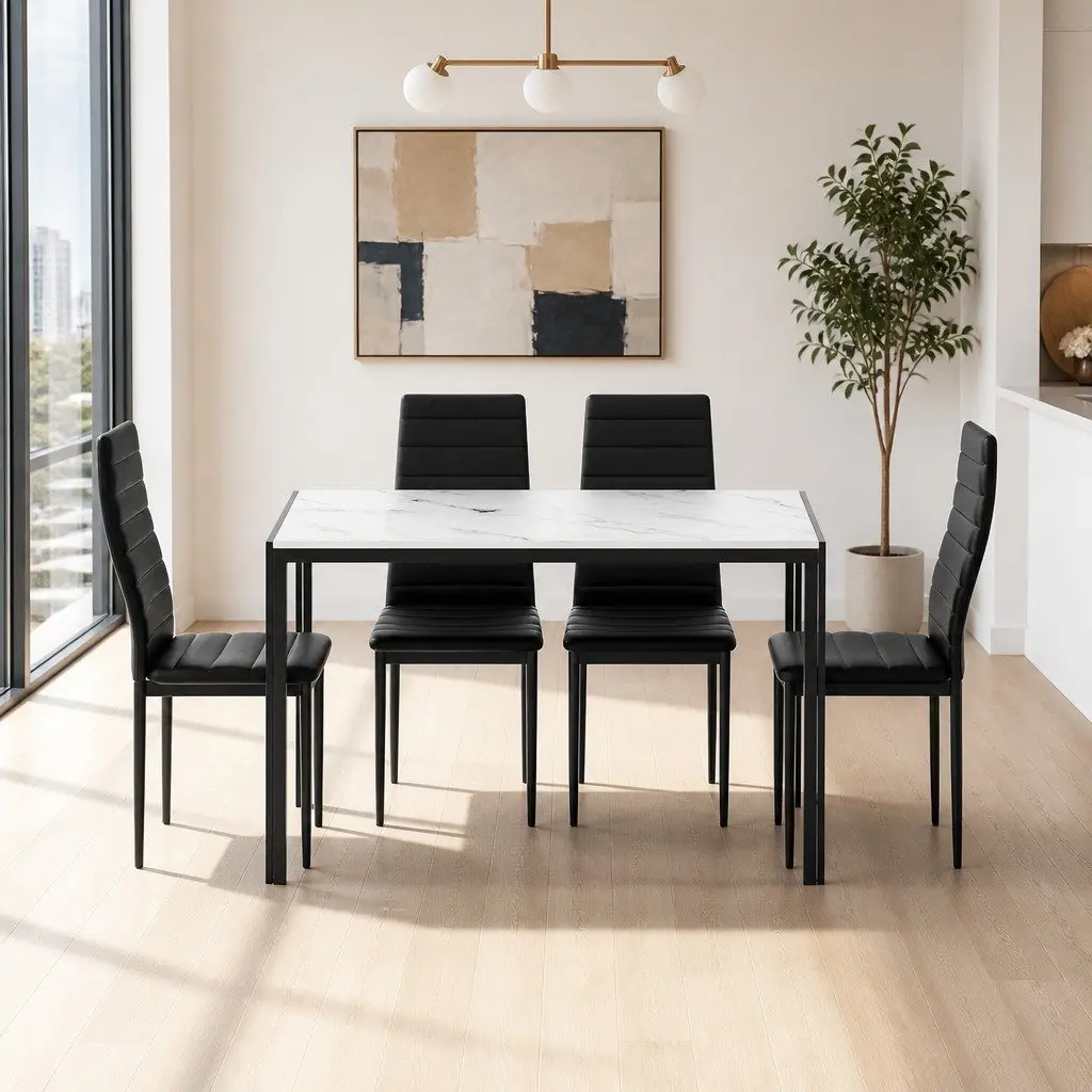 Dining Table and 4 Chairs Set Marble Effect Contemporary Design White Grey