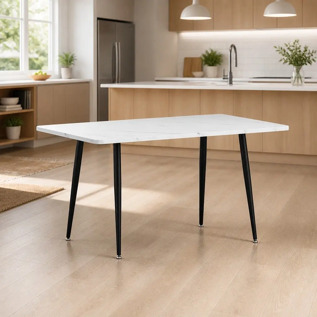 Dining Table Marble Effect 1.5M White Grey Sturdy Metal Legs Seats 4-6