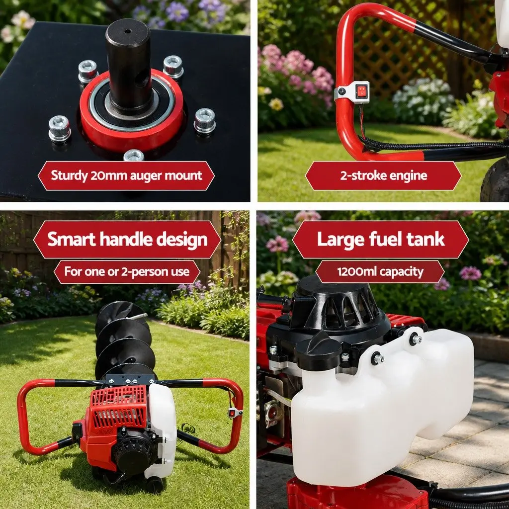 Post Hole Digger Petrol Powered 200mm Auger Drill 63cc Engine Heavy Duty Steel Construction