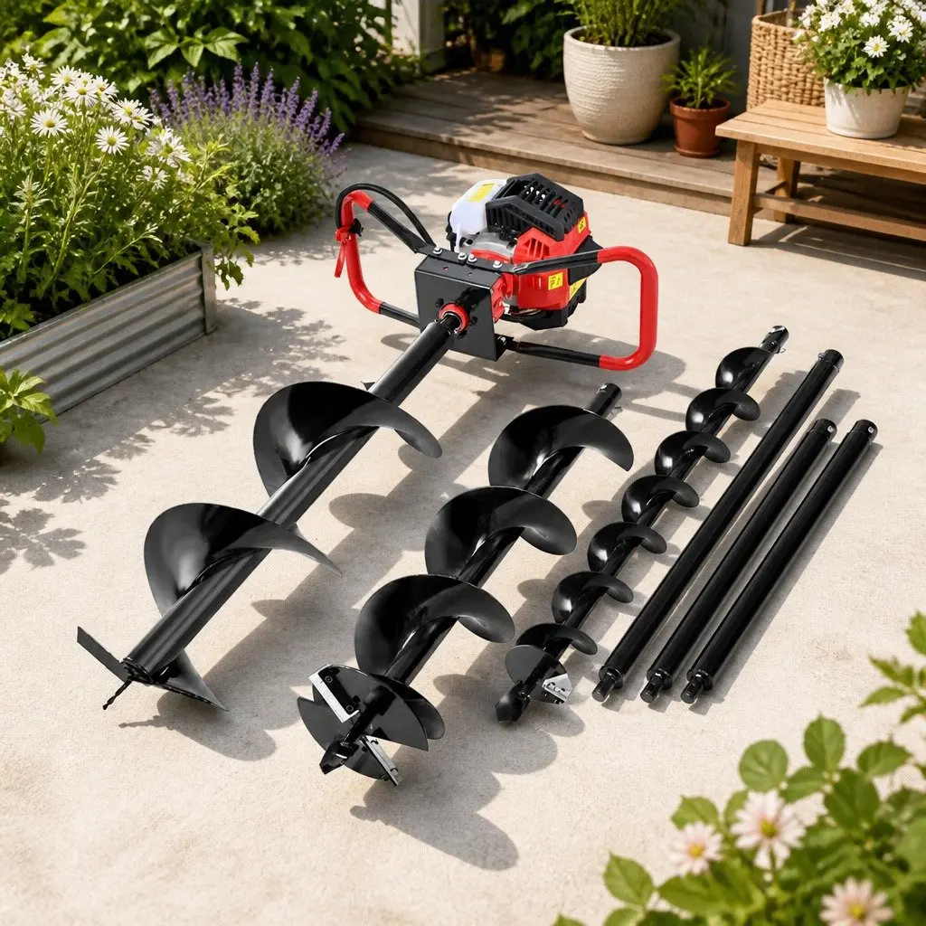 Post Hole Digger 65cc Petrol Engine Auger Drill Kit with Vertical Gearbox Anti-Vibration Handle and Multiple Auger Bits