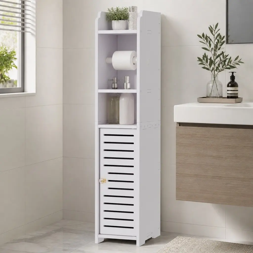 Bathroom Cabinet Toilet Roll Holder Storage 76cm White Cupboard Organiser