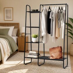 Metal Clothes Rack with Shelves Coat Stand Storage Organizer 150cm Black