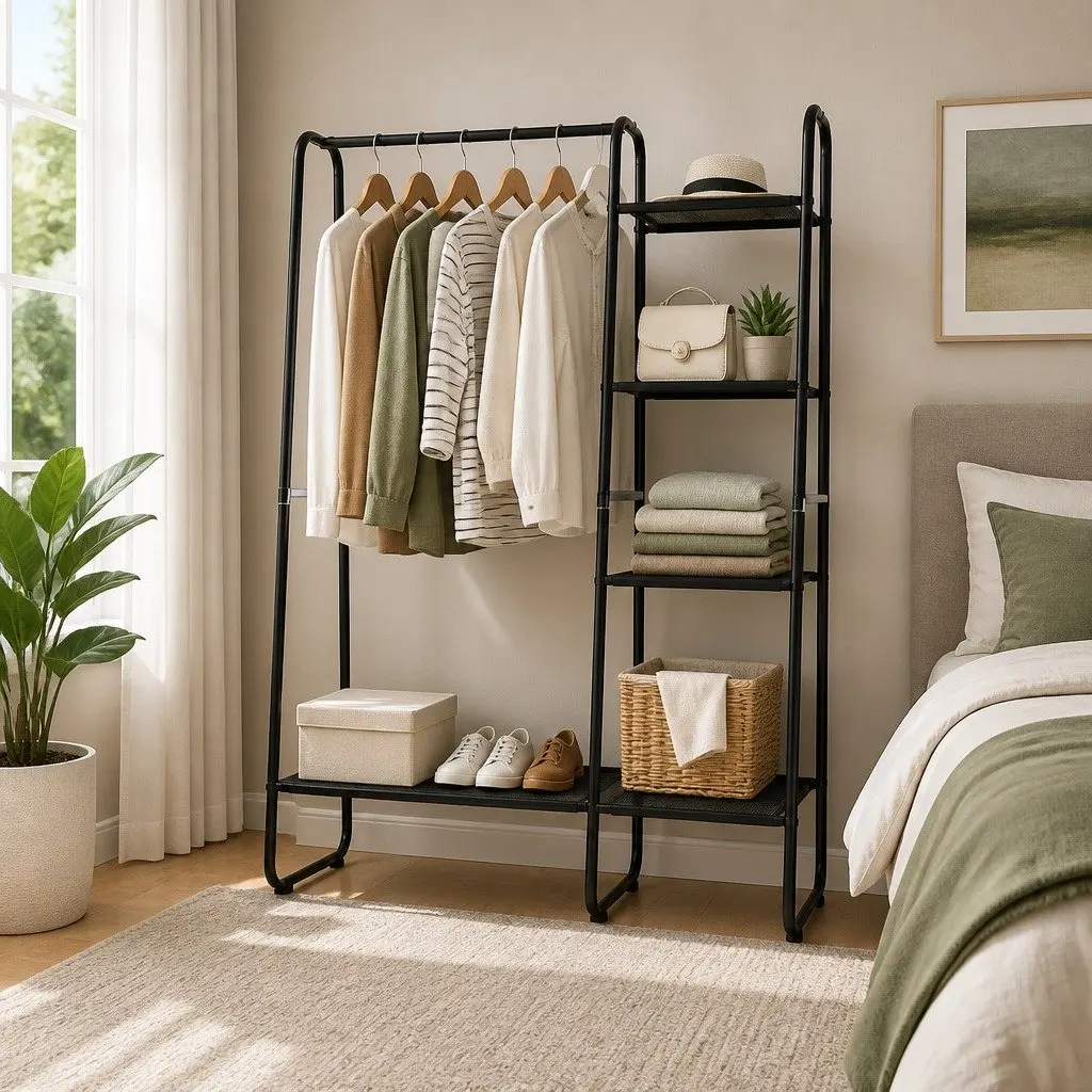Metal Clothes Rack with Shelves Sturdy Frame 150cm Black