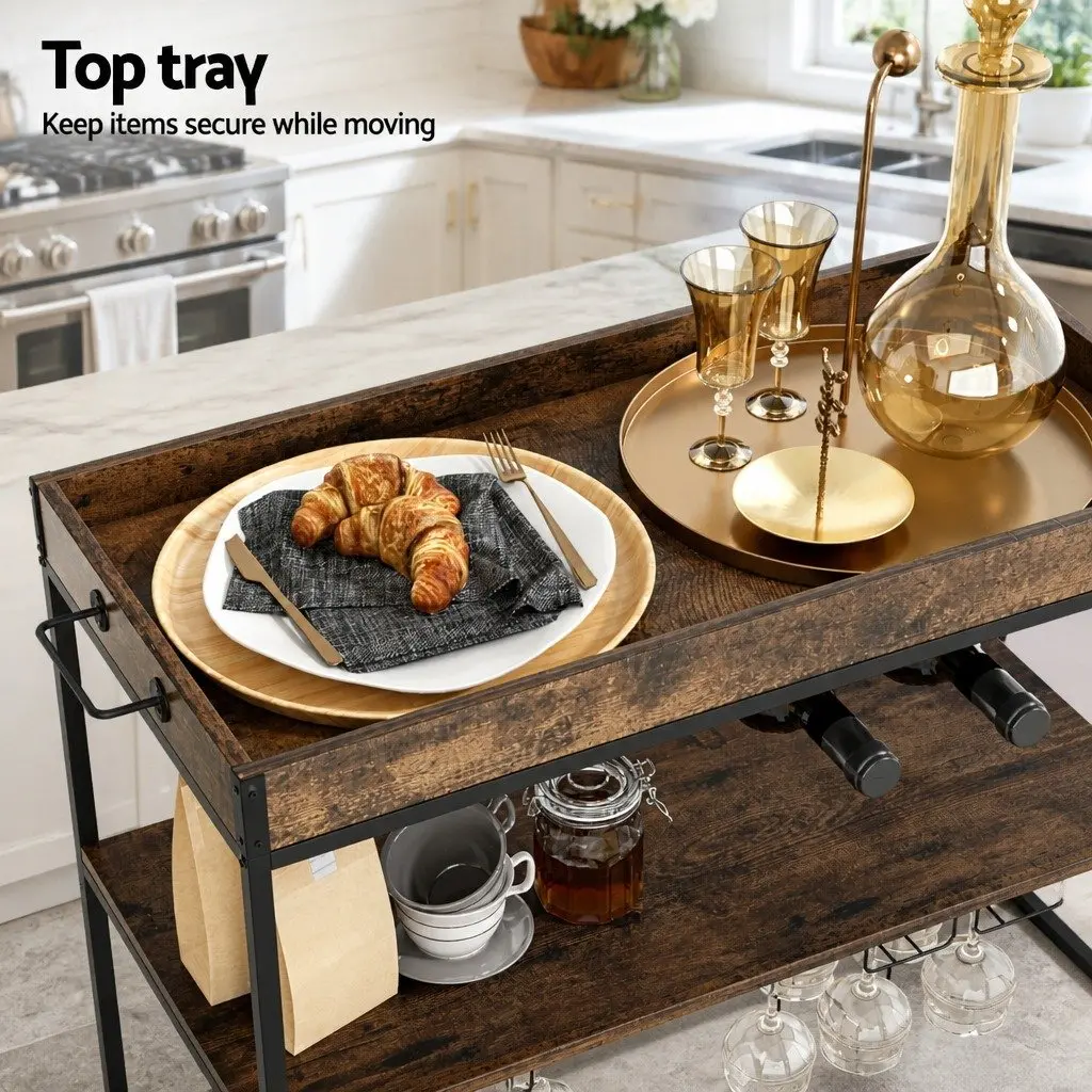 Mobile Kitchen Island Three-Tier Storage Trolley Walnut